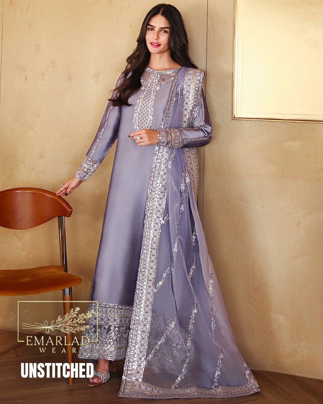 Mushq Lilac Purple Shamoze Silk Embroidered 3 Piece Suit