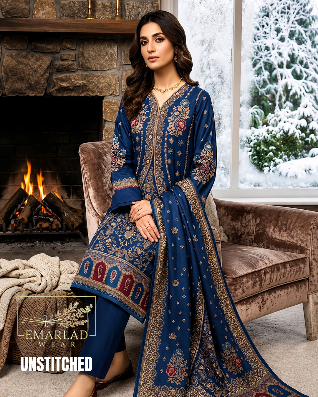 Navy Blue Pashmina Jacquard 3 Piece Winter Suit