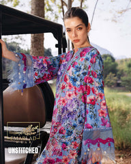 Maria B Floral Blue 3 Piece Printed Lawn Chicken Kari Embroidered Suit with Chiffon Dupatta
