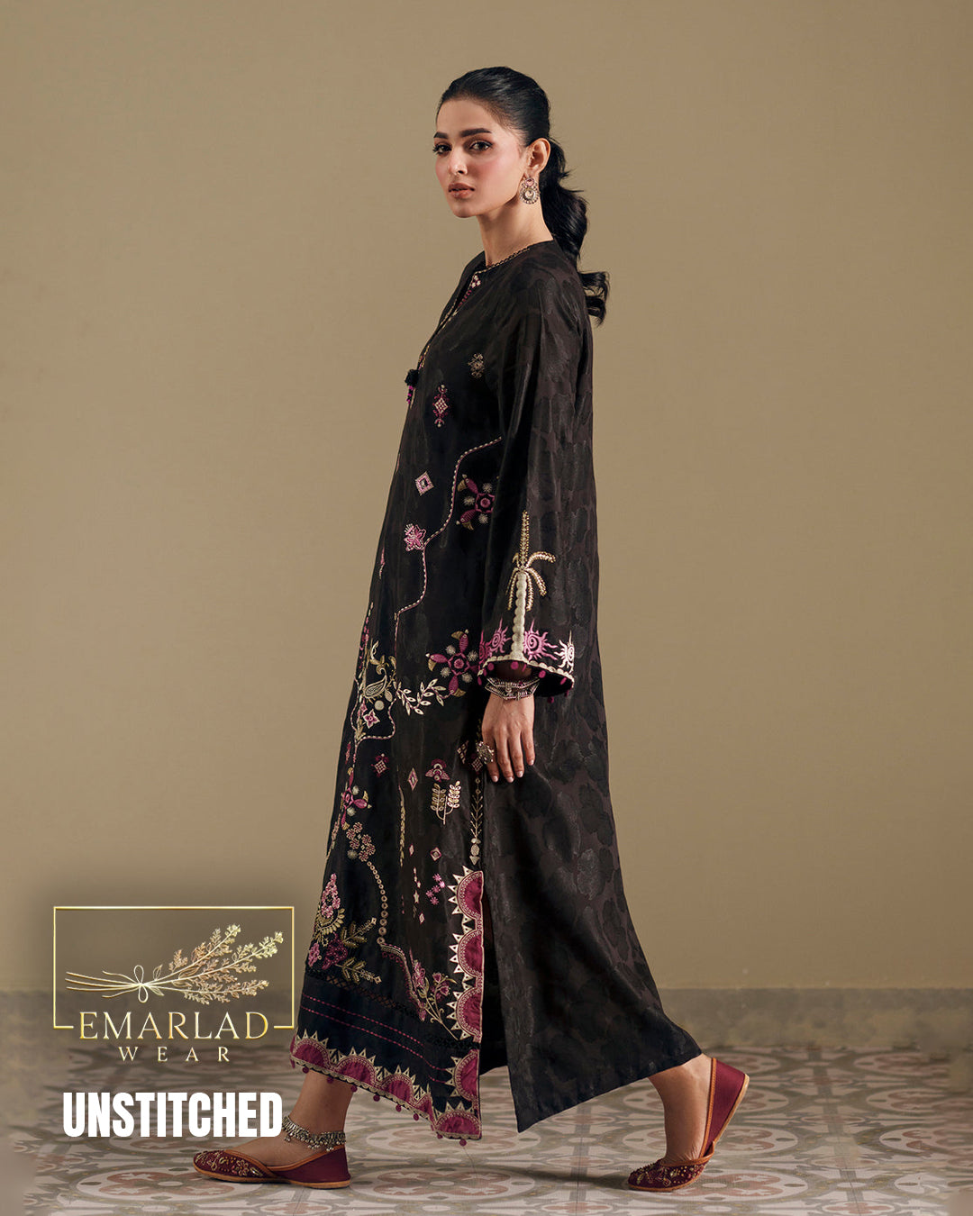 Ethnic Jet Black 2 Piece Silk Kaftan Unstitched Suit