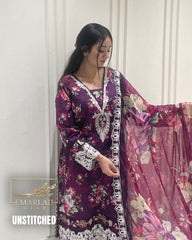 Aneelas Purple Lawn 3PC Suit with Embroidered Chiffon Dupatta