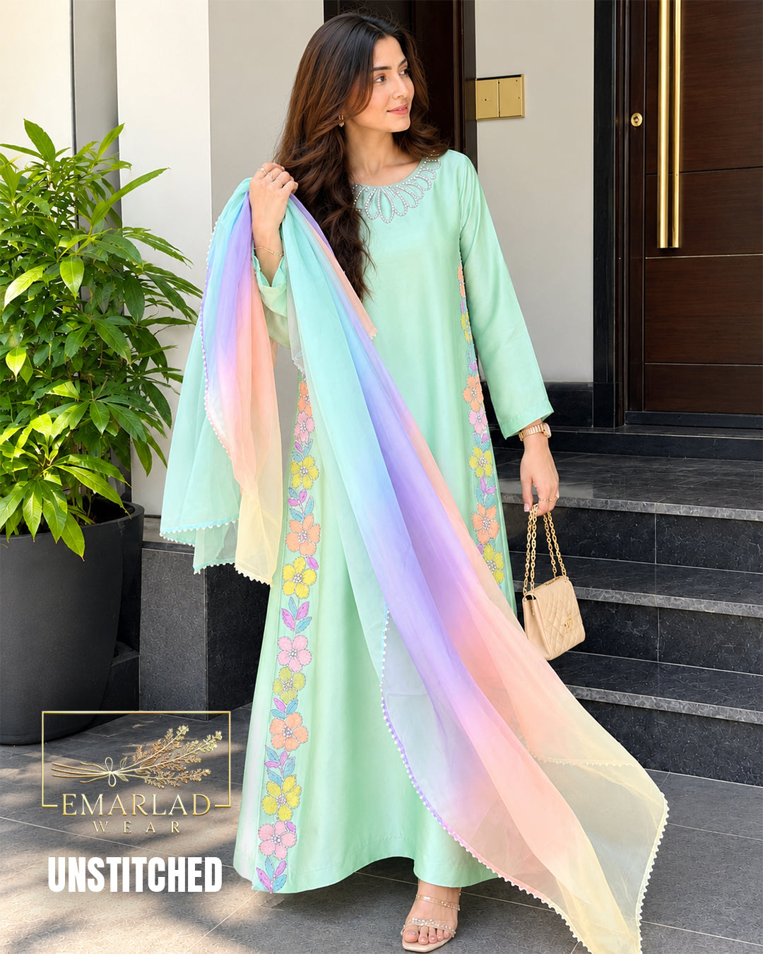 Nureh Pista Green Kaftan Silk Embroidered 3 Piece Suit