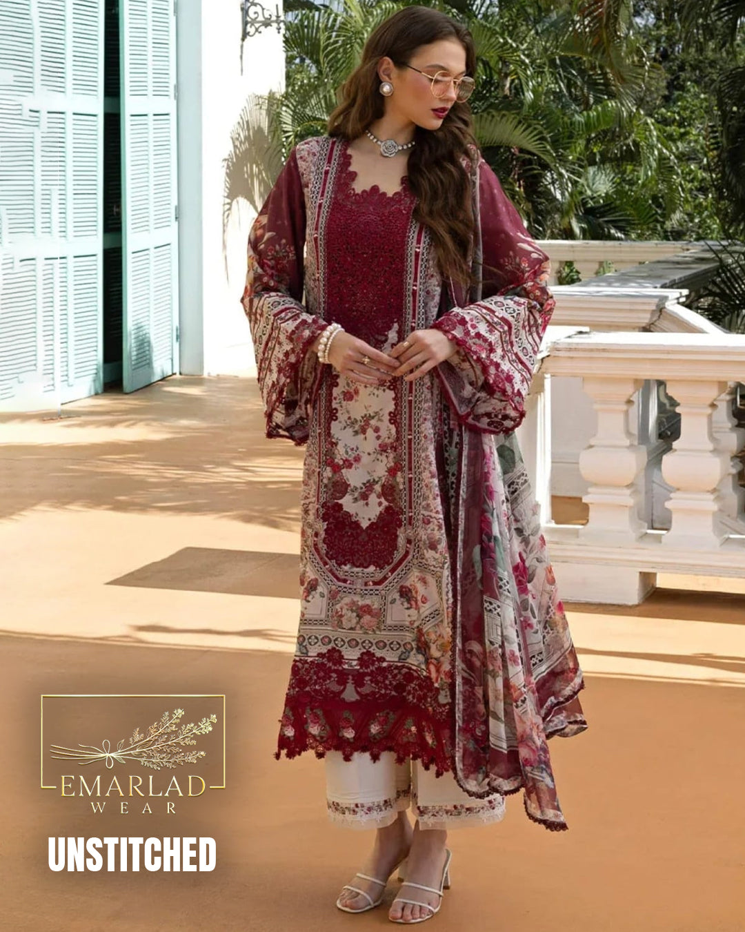 Elaaf Lawn Collection 2026 Skin Mehroon Design 2B 3 Piece Unstitched Printed Lawn Suit with Embroidered Chiffon Dupatta