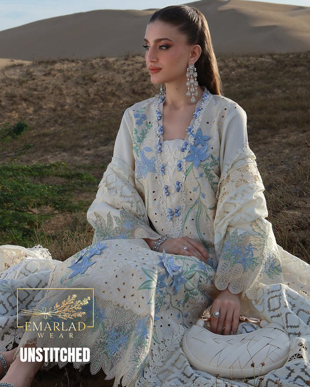 Rung Rasia Embroidered Luxury Lawn Unstitched 3Pc Suit RR NC 16 Cream Buy Online in Pakistan
