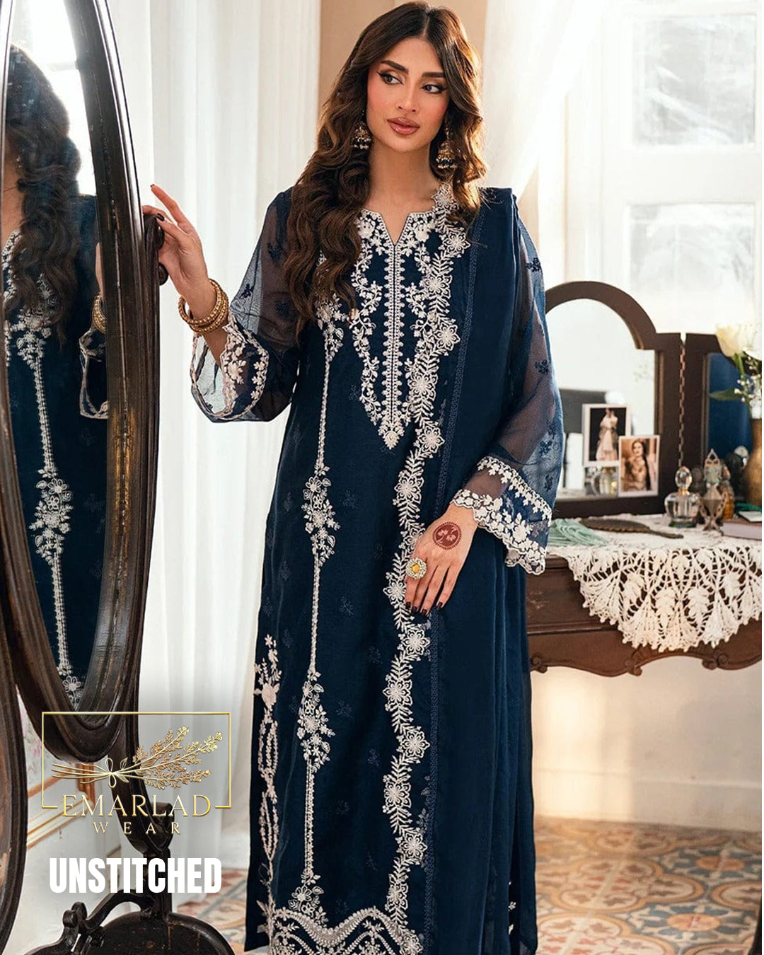 Azure Embroidered Chiffon 3 Piece Suit Design No. 2542