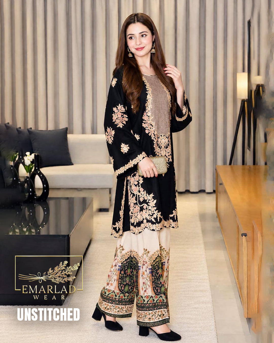 Ethnic Black 2 Piece Shalmoz Silk Embroidered Suit