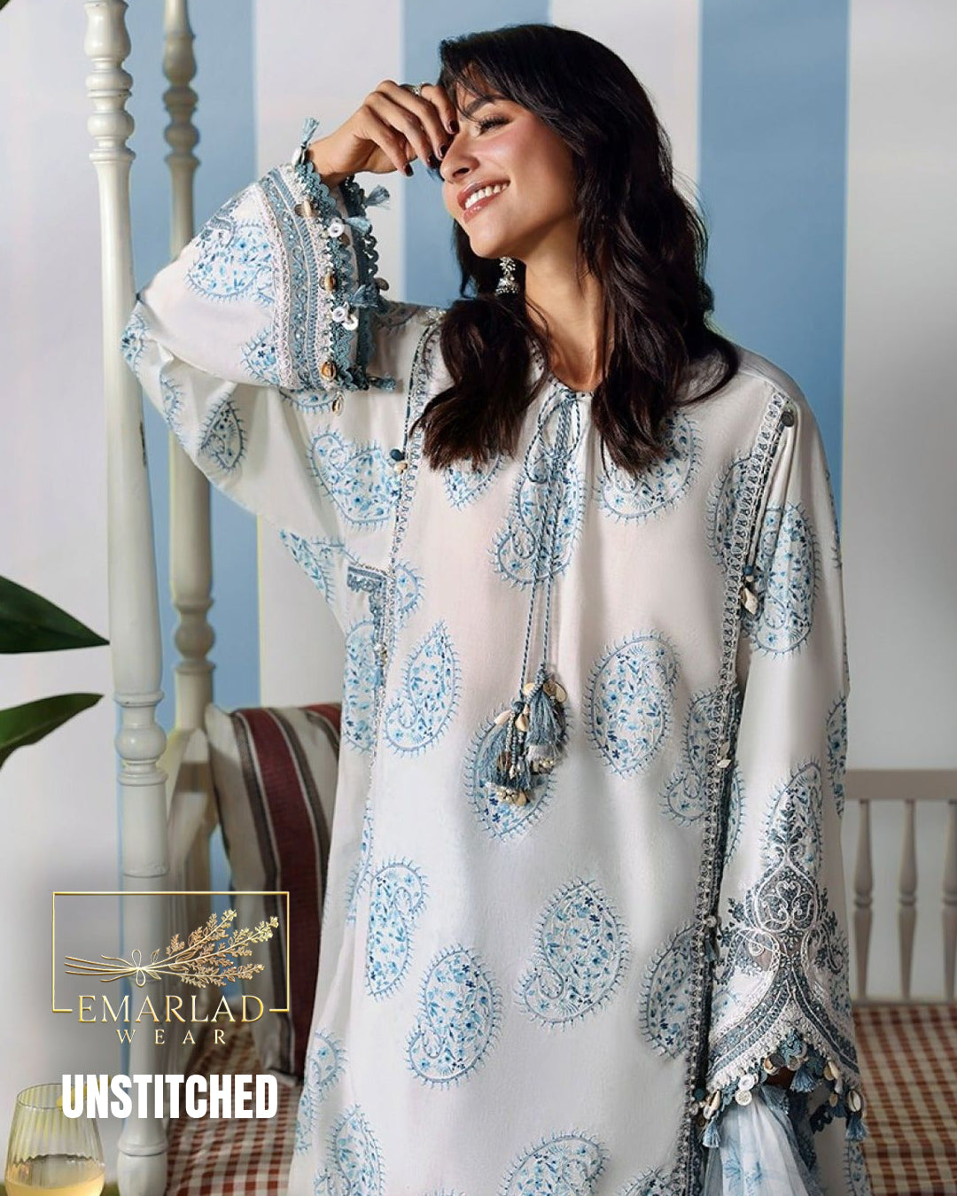 Maria B Kairy White n Blue Lawn Suit with Chiffon Embroidered Dupatta & Printed Trouser