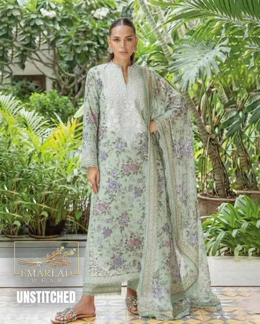 Zainab Chottani Floral M7 Light Green Lawn Suit with Chiffon Embroidered Dupatta – 3 Piece