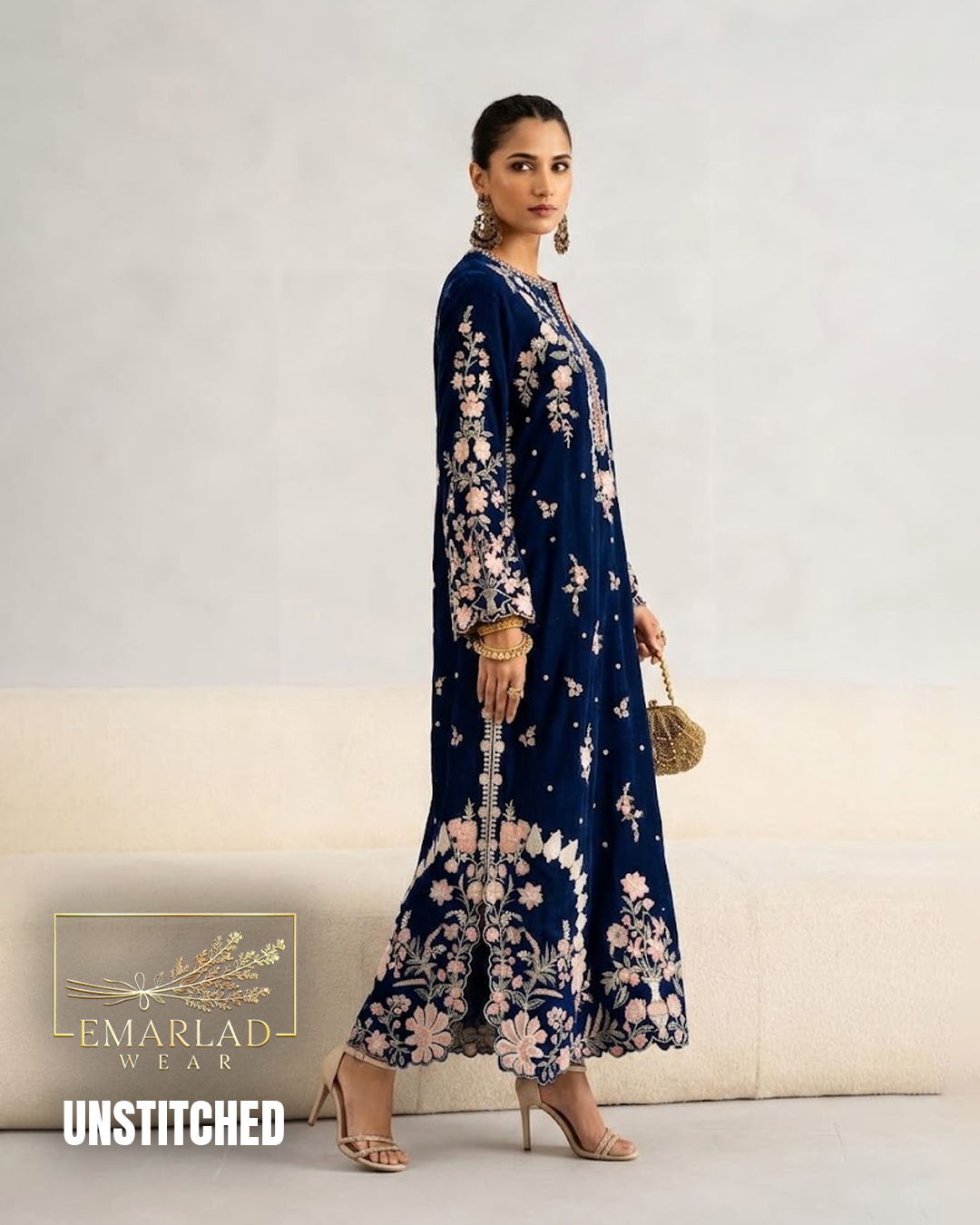 Ethnic Navy Blue 2 Piece Silk Kaftan Unstitched Suit