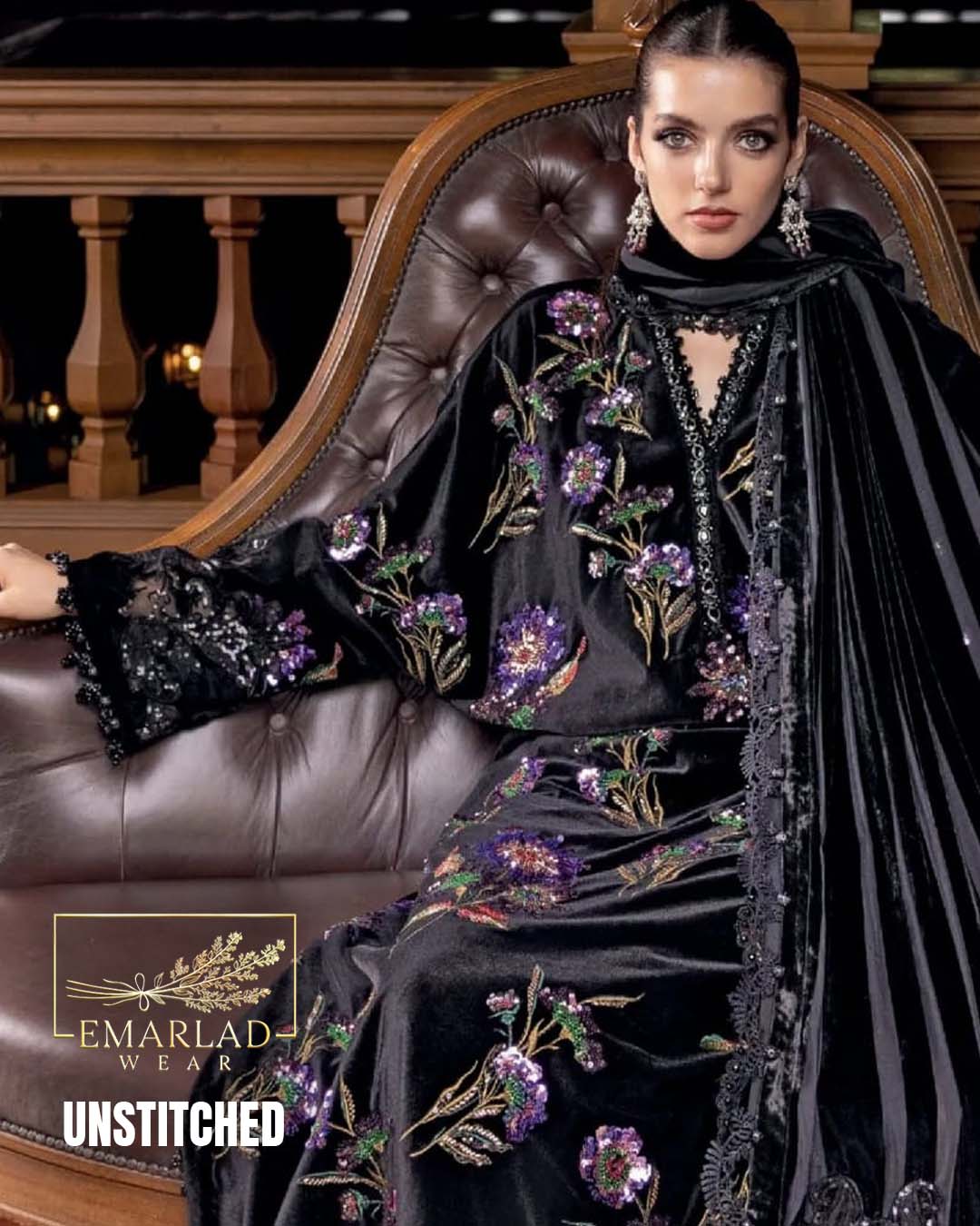 M.B Black Embroidered 3 Piece Unstitched Formal Velvet Suit with Palachi Shawl