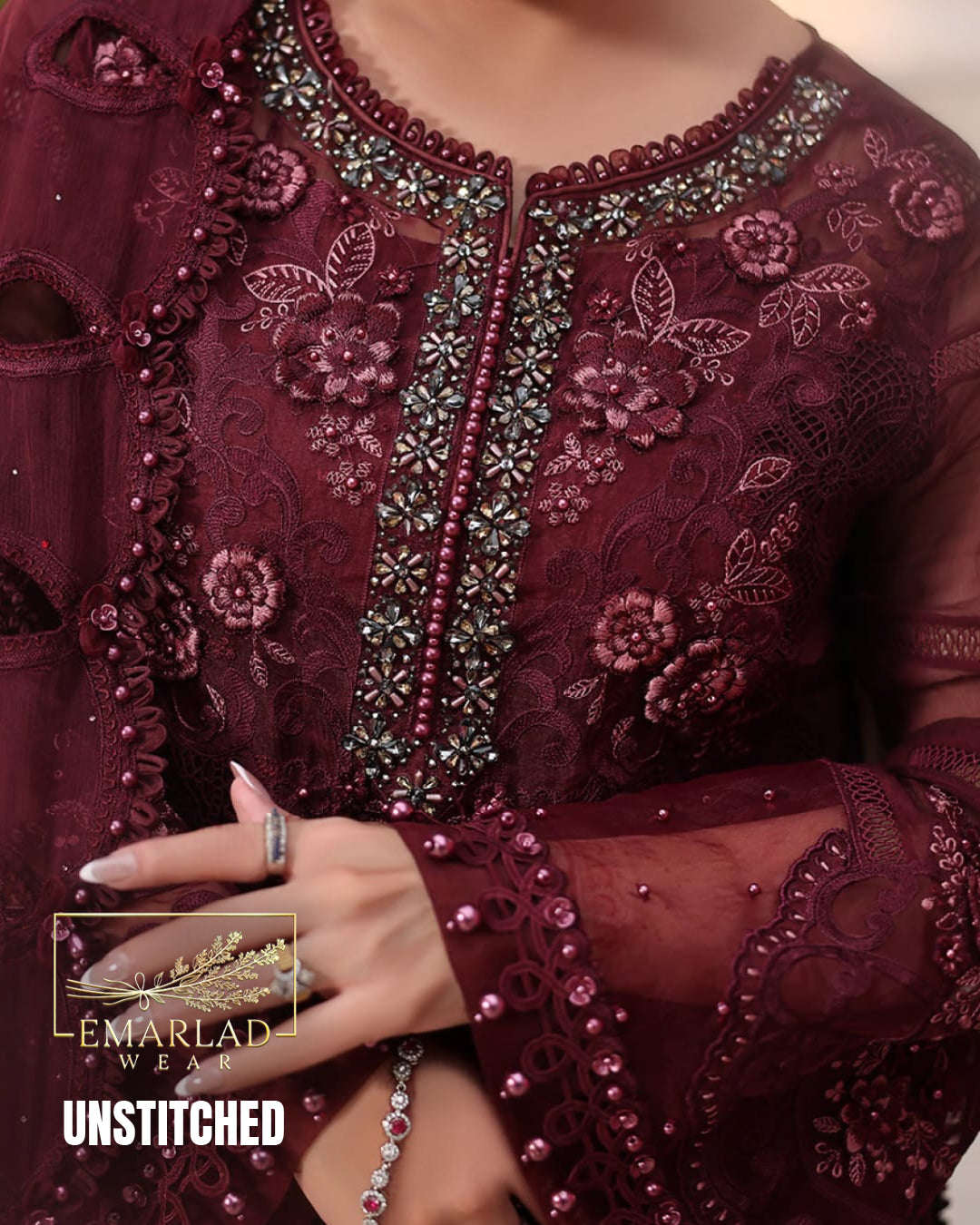 Maria B Luxury Chiffon Collection Maroon Embroidered Dress with Chiffon Dupatta