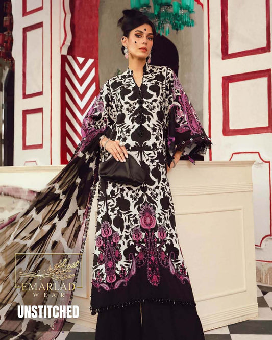 M.B Premium Digital Lawn 3PC – Cembric Voile Aplik Dupatta | 2025