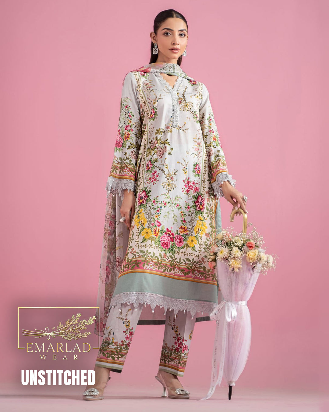 M.B M-Print Lawn 2025 Light Grey 3PC Embroidered Suit | MPT-2605A/B
