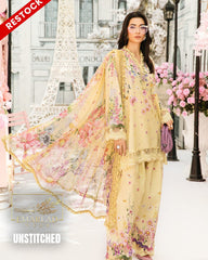 Maria B M-Print Lawn 2025 Lemon Yellow 3PC Suit – Heavy Embroidered Chiffon Dupatta | MPT-2603A/B