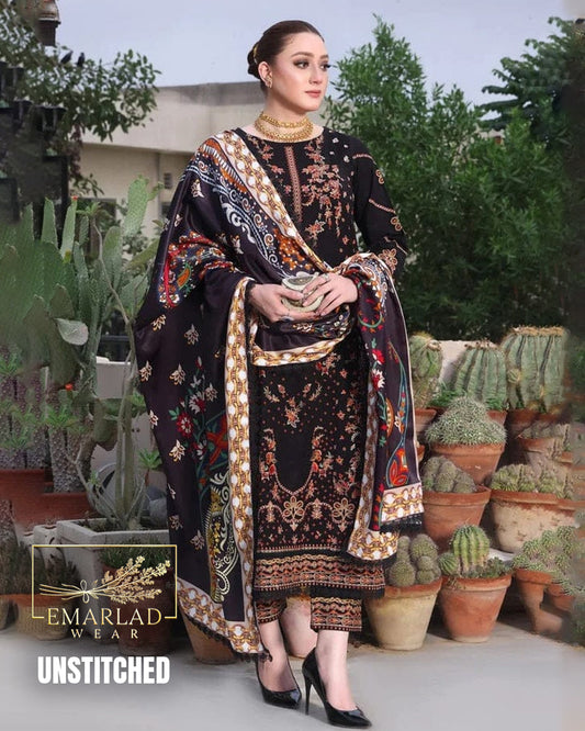 Aneelas Luxury Embroidered Black Cotton Suit with Silk Dupatta – Premium 3PC Collection
