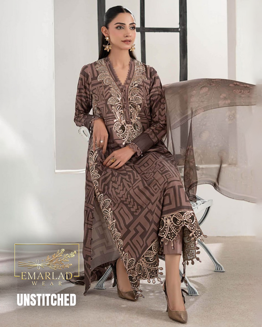 M.B Box Brown Lawn 3PC Suit – Chiffon Embroidered Dupatta
