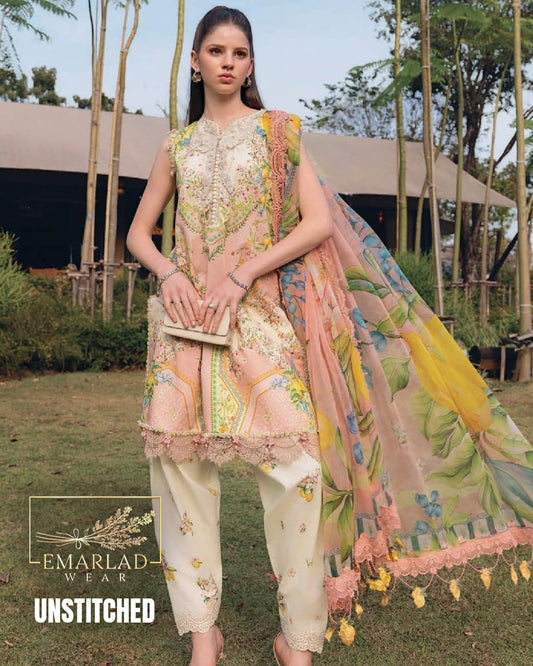 Maria B Peach Lawn Suit with Embroidered Chiffon Dupatta & Printed Trouser | 3PC Collection