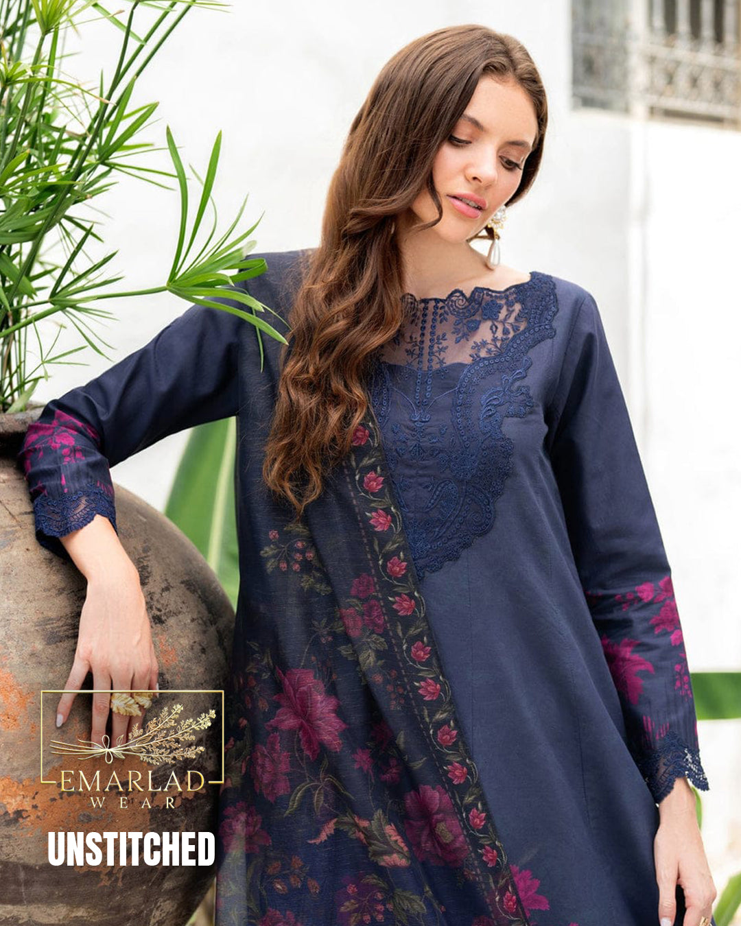 Iznik Navy Blue Embroidered Lawn Suit with Chiffon Printed Dupatta – 3 Piece