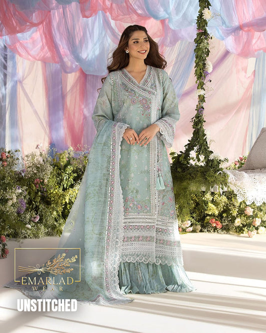 Sobia Nazir Ice Green Luxury Embroidered Lawn Chickenkari 3 Piece Unstitched Suit