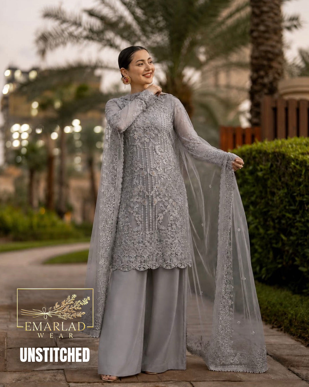 Emarlad Grey Organza Formal Wear by Hania Amir Replica