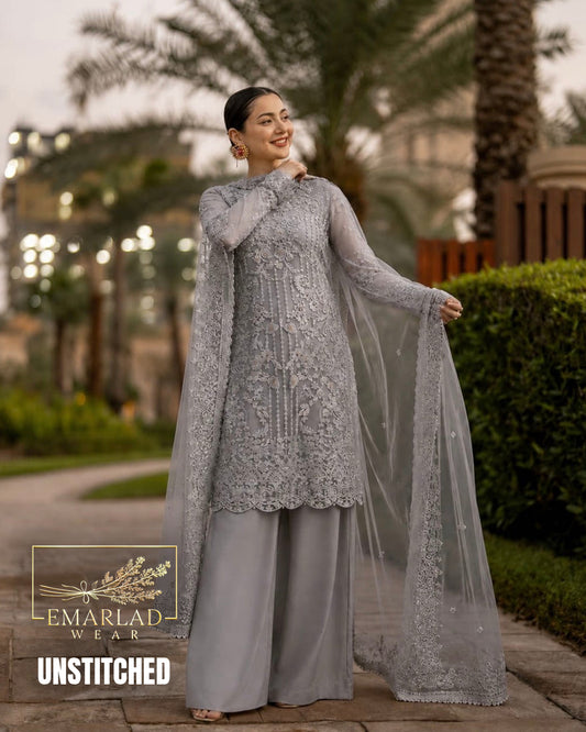 Emarlad Grey Organza Formal Wear by Hania Amir Replica