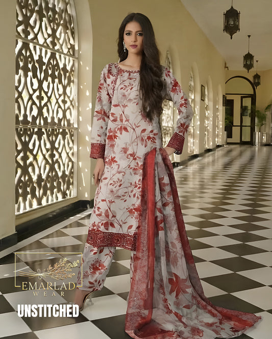 Maria B Skin Red Printed Lawn Suit with Embroidered Chiffon Dupatta – 3 Piece