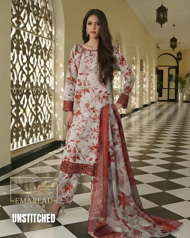 Maria B Skin Red Printed Lawn Suit with Embroidered Chiffon Dupatta – 3 Piece