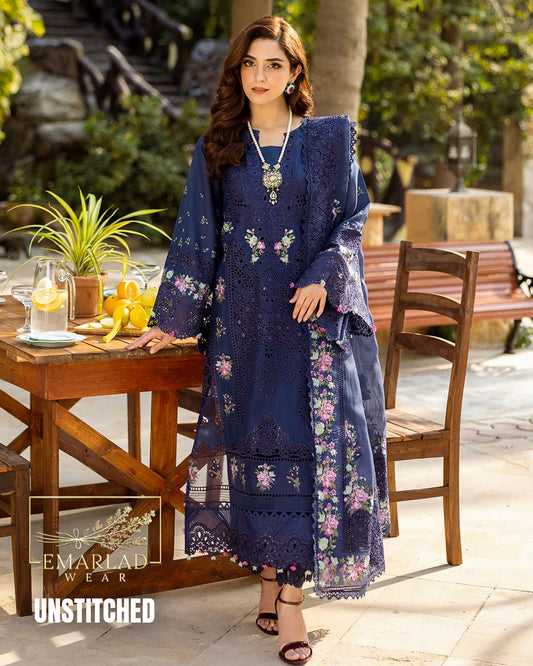Elaf Navy Blue Luxury Chicken Kari Lawn Embroidered Suit | Premium 3PC Summer Collection | Emarladwear