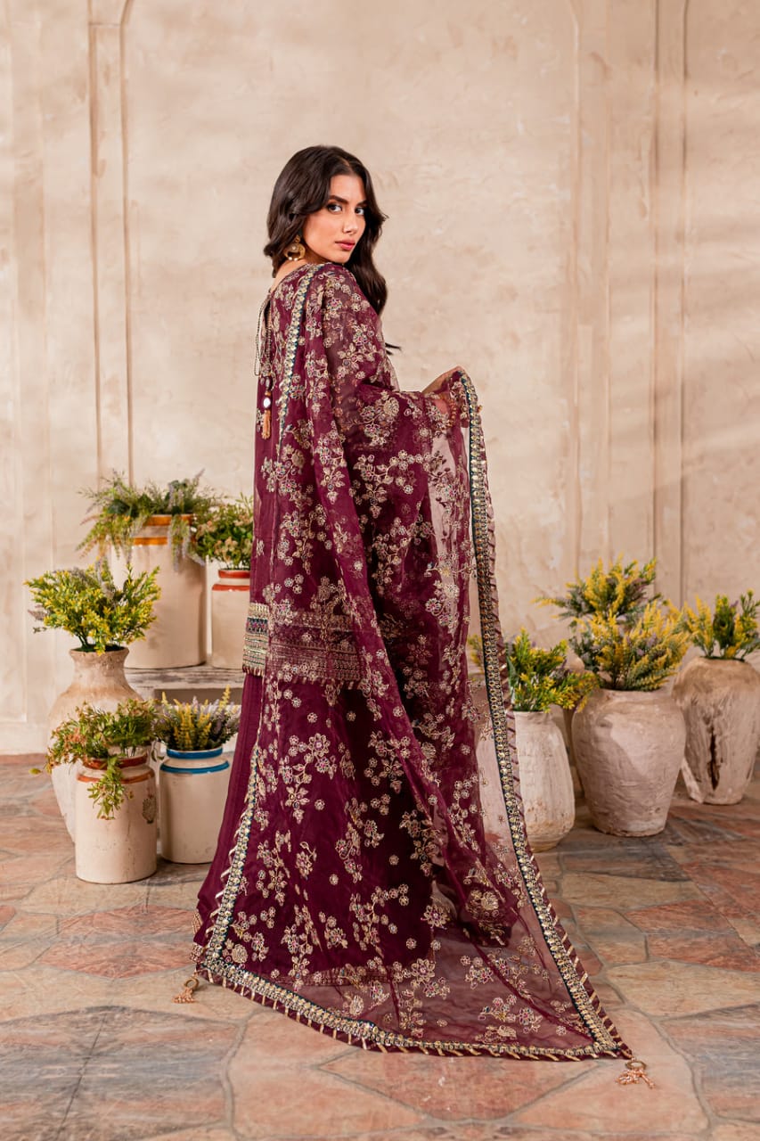 Designer Wear Maroon Organza Dress Formal Collection
