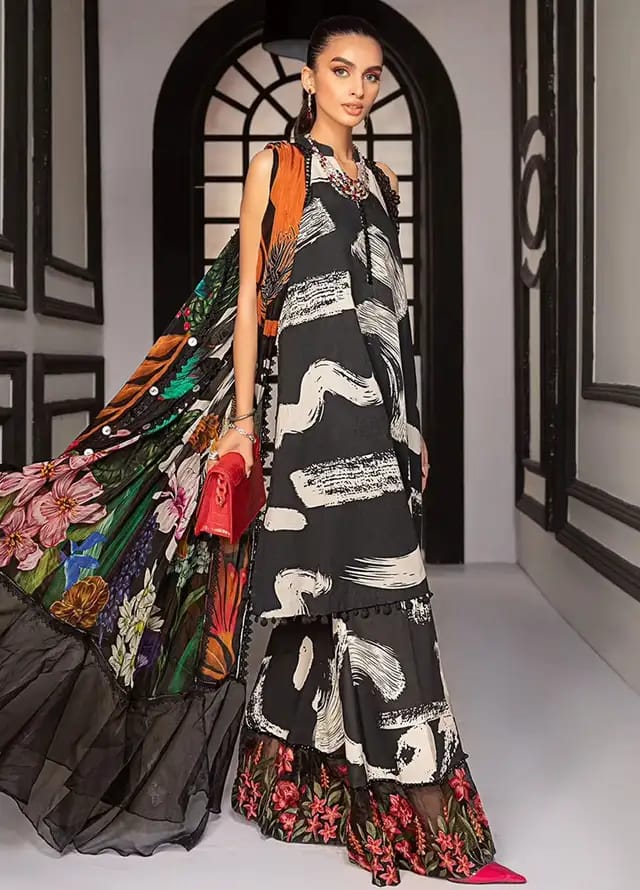 M.B New Arrival Black Print Embroidery 3pc