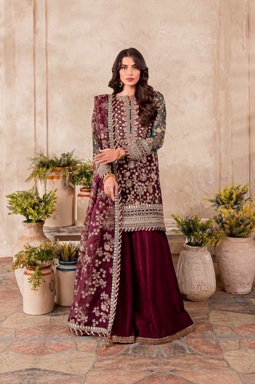 Designer Wear Maroon Organza Dress Formal Collection
