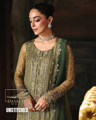 Charizma Formal Mehndi Green Chiffon Dress – Elegant Embroidered Outfit