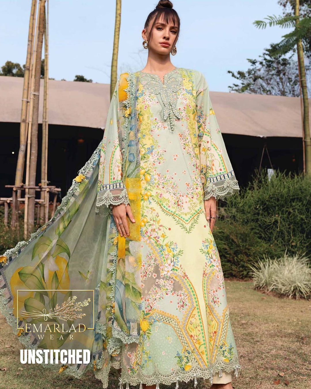 Maria B Yellow Lawn Suit with Embroidered Chiffon Dupatta & Printed Trouser | 3PC Collection