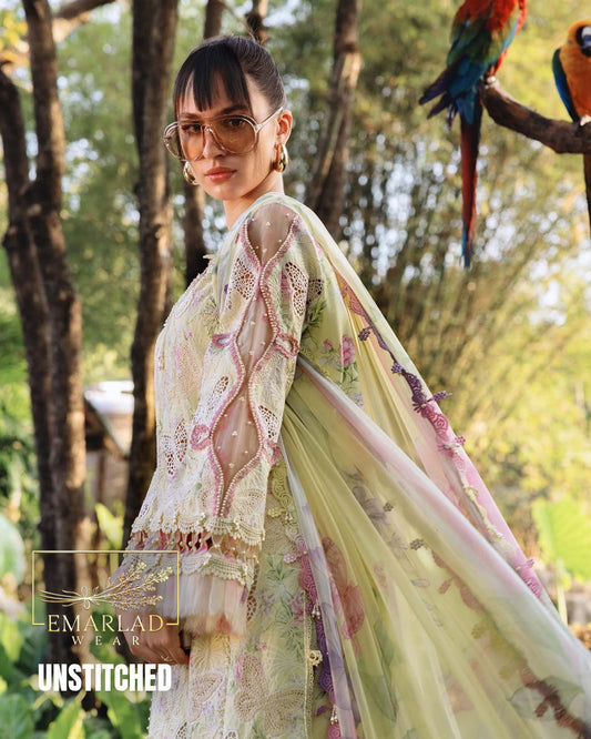 Maria B 2026 Laser Butterfly Lawn Suit Lemon with Chiffon Printed Dupatta 3PC