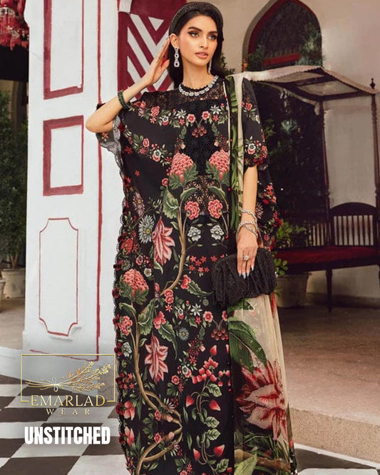 Maria B M-Print Lawn 3PC 2025 – Black | Heavy Embroidered Neckline & Chiffon Dupatta