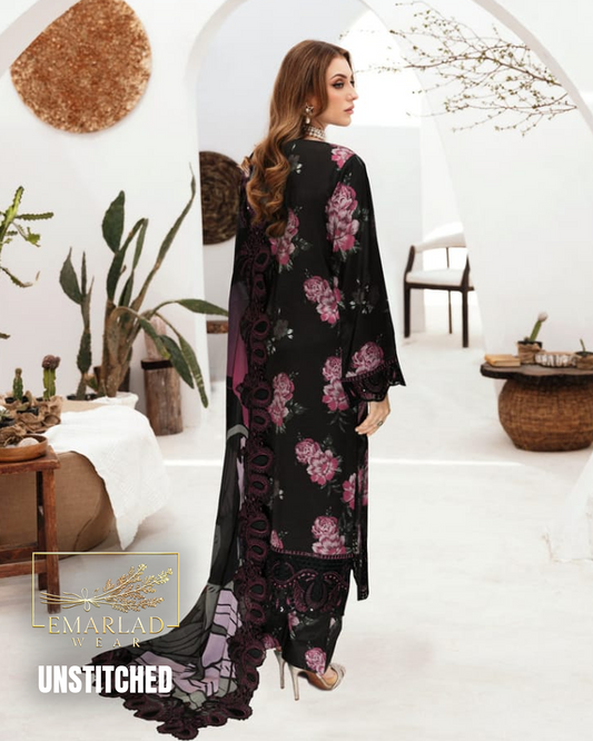 Ramsha Black Lawn 3PC Suit 2025 – Chiffon Dupatta | Unstitched Lawn