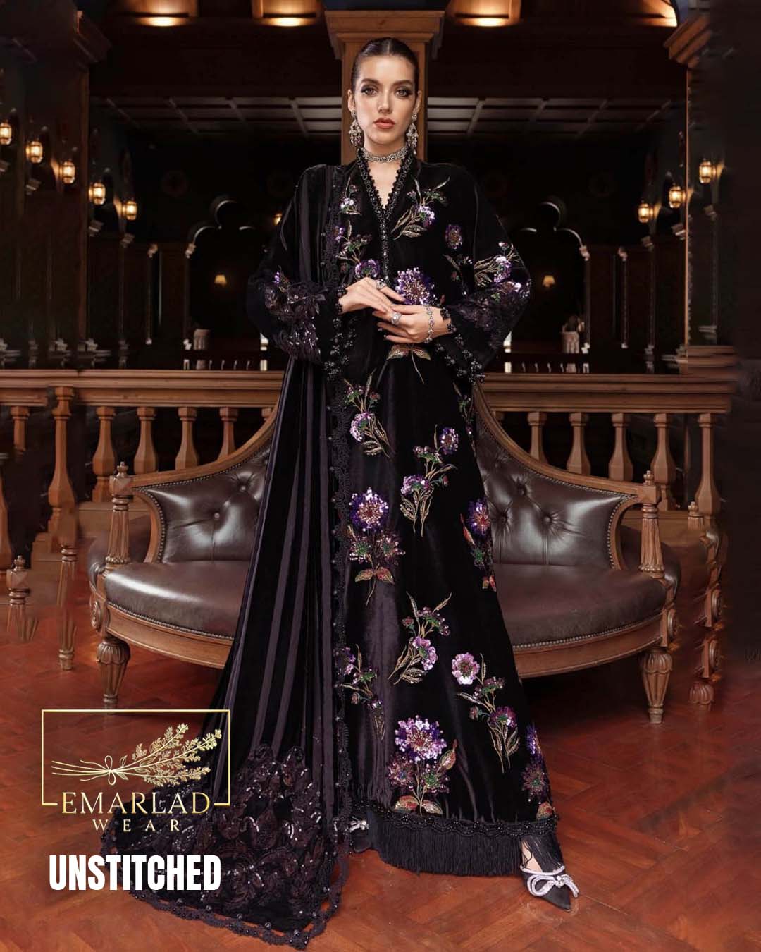 M.B Black Embroidered 3 Piece Unstitched Formal Velvet Suit with Palachi Shawl