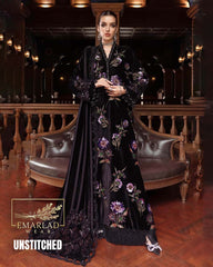 M.B Black Embroidered 3 Piece Unstitched Formal Velvet Suit with Palachi Shawl