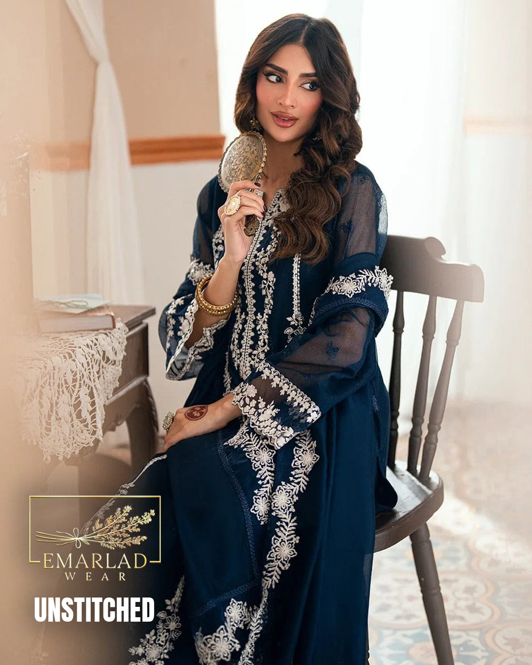 Azure Embroidered Chiffon 3 Piece Suit Design No. 2542