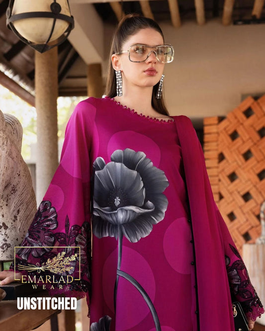 Maria B MPrints Lawn Collection 2026 Shocking Pink – 3 Piece Printed Lawn Suit with Embroidered Chiffon Dupatta