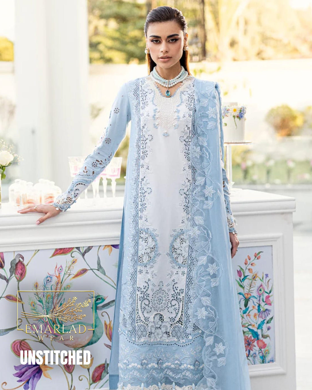Qalamkar Tasha White & Blue Luxury Embroidered Lawn 3 Piece Suit