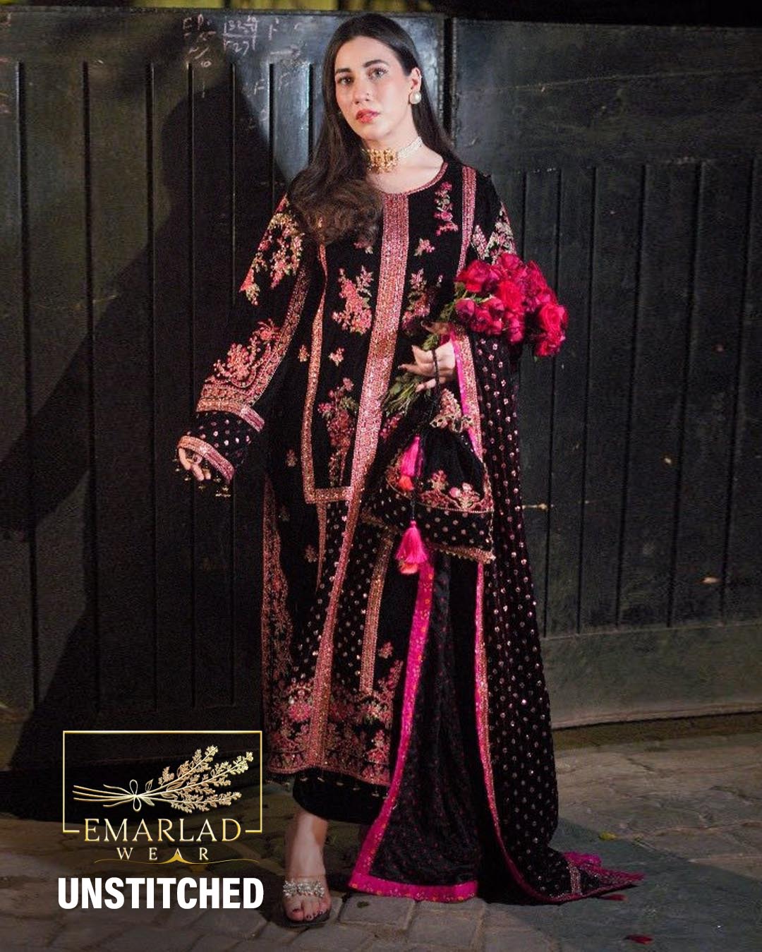 Aneela's Collection | Black - red Embroidered Velvet Collection