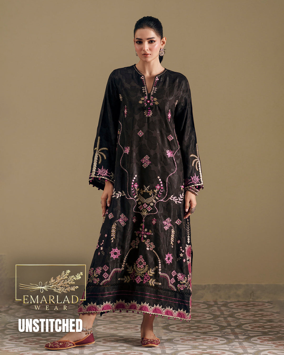 Ethnic Jet Black 2 Piece Silk Kaftan Unstitched Suit
