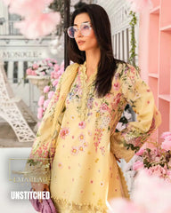 Maria B M-Print Lawn 2025 Lemon Yellow 3PC Suit – Heavy Embroidered Chiffon Dupatta | MPT-2603A/B