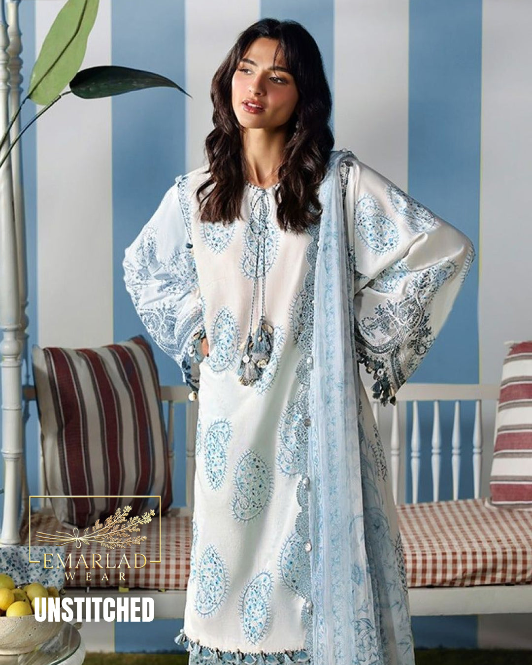 Maria B Kairy White n Blue Lawn Suit with Chiffon Embroidered Dupatta & Printed Trouser