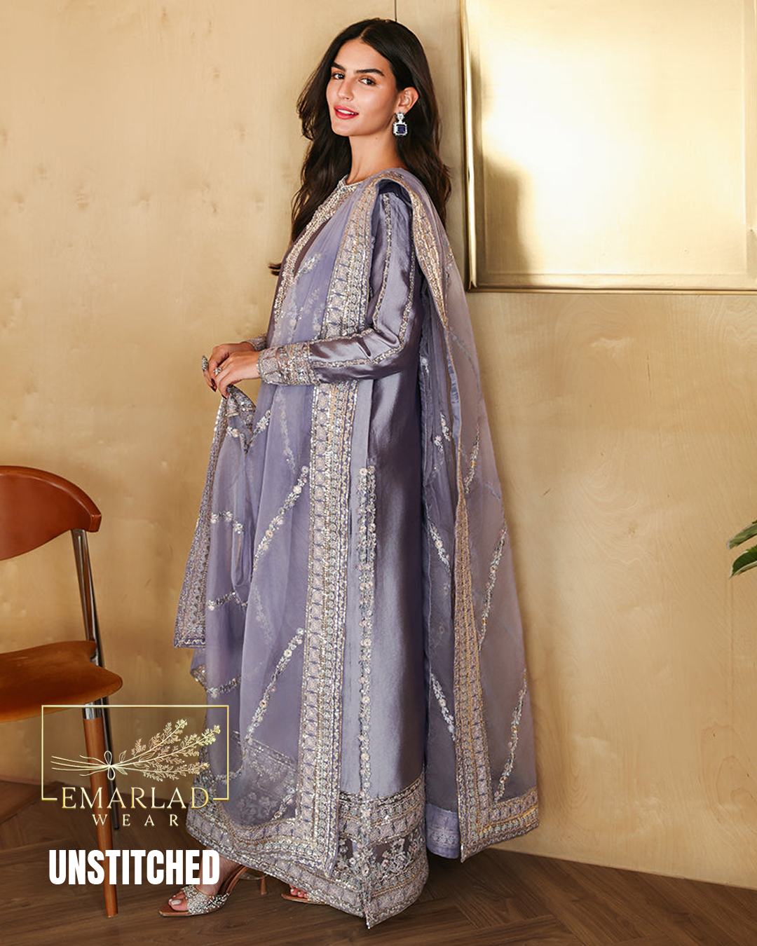 Mushq Lilac Purple Shamoze Silk Embroidered 3 Piece Suit