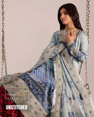 Nureh Blue & Grey Lawn Suit with Chiffon Embroidered Dupatta