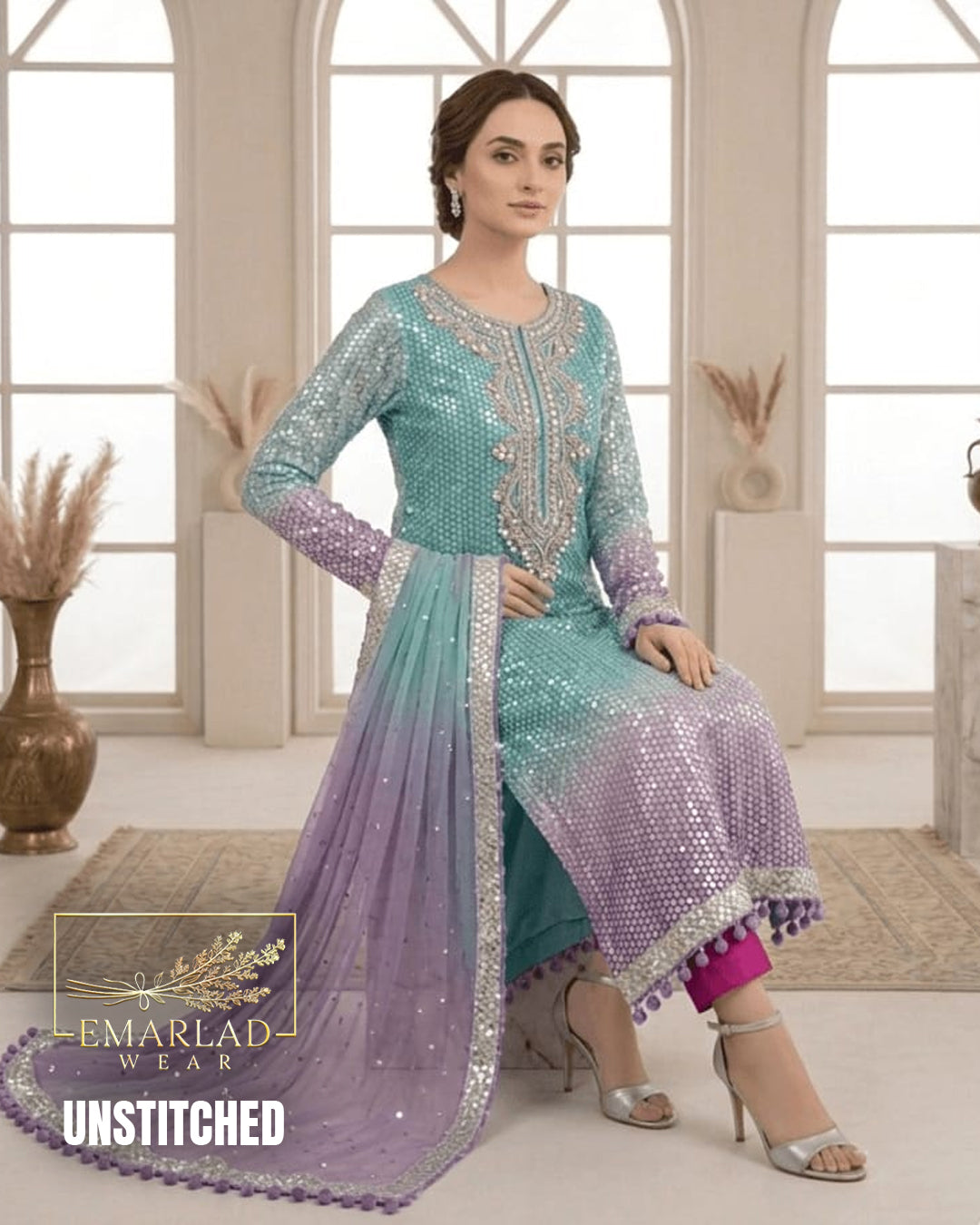 Emarlad Tie & Dye Pure Chiffon Suit with 9mm Sequin Embroidery | Luxury Formal Collection | Emarladwear