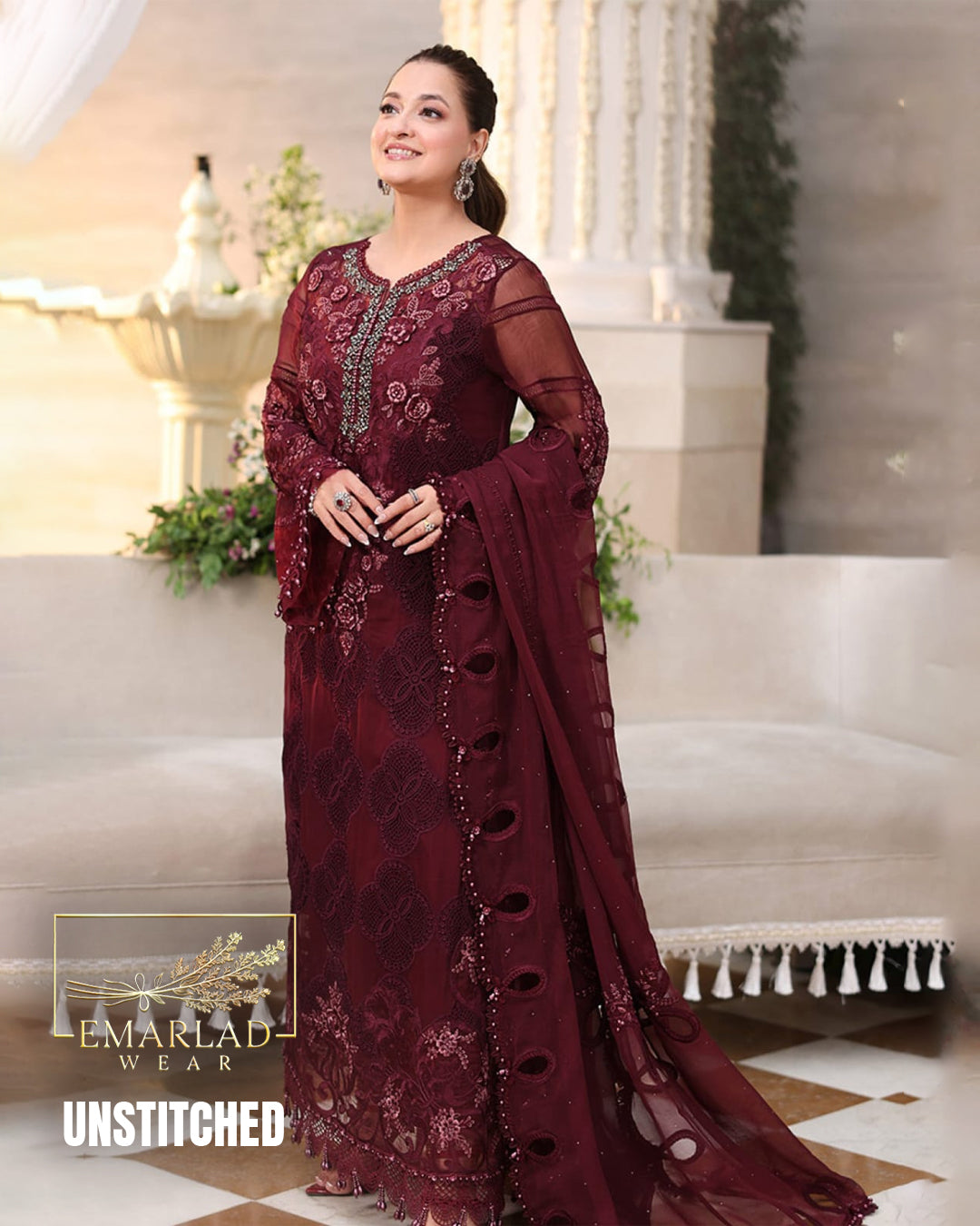Maria B Luxury Chiffon Collection Maroon Embroidered Dress with Chiffon Dupatta