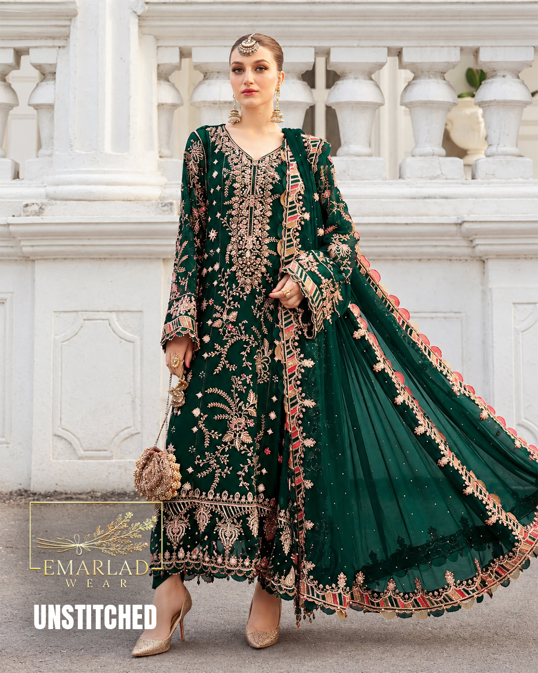 Maria B NC Bottle Green Chiffon Embroidered 3 Piece Suit MBC-MPC-24-07